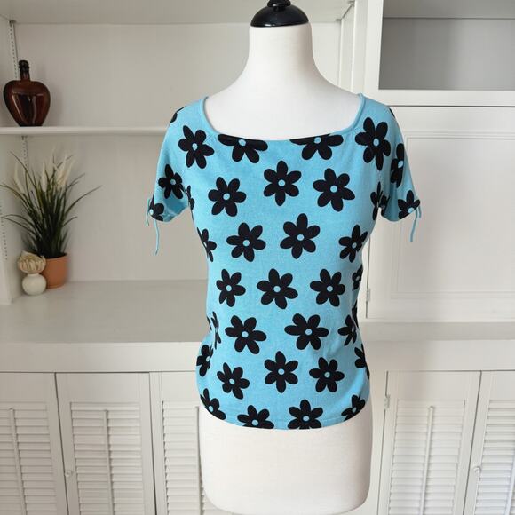 Joseph A Sweaters - Vintage 90's Joseph A. Silk Blue Black Floral Knit Top Size S
